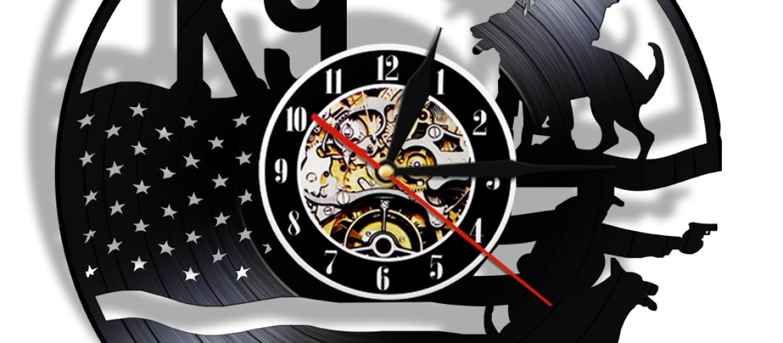 K9-Policeman-And-Military-Dog-3D-Wall-Clock-Black-Hanging-Vinyl-Record-Wall-Clock-Personality-Wall